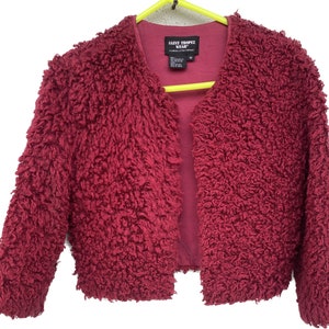 Vintage Saint Tropez Wear Jacket Carole Little Coat Womens Medium burgundy red fuzzy fur crop rad piece soft textured lined Velvet Metal