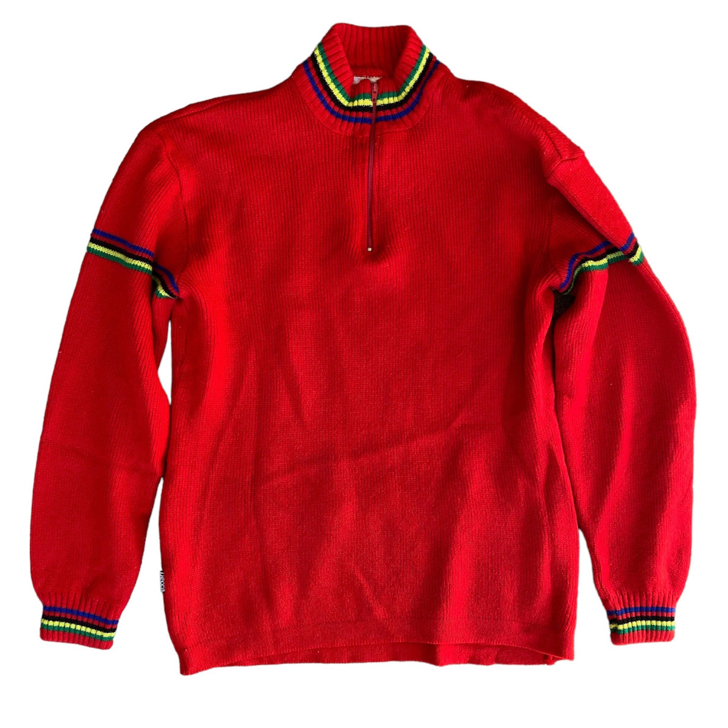 Vintage Decca Red Sweater Made in Belgium rainbow stripes on long sleeves knit back zipper pockets soft poly acrylic womens large bright