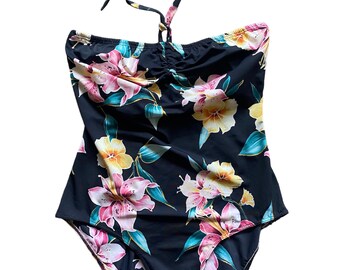 Vintage Floral Bathing Suit black bright florals nylon Lycra marked medium will fit large nicely elastic top halter tie high waist built bra
