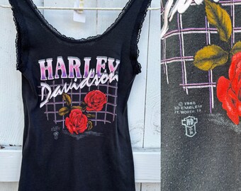 Vintage 86 Harley Davidson Lace tank 3D Emblem roses and font stamped 1986 80’s lace trim soft thin stretches small medium biker Indiana