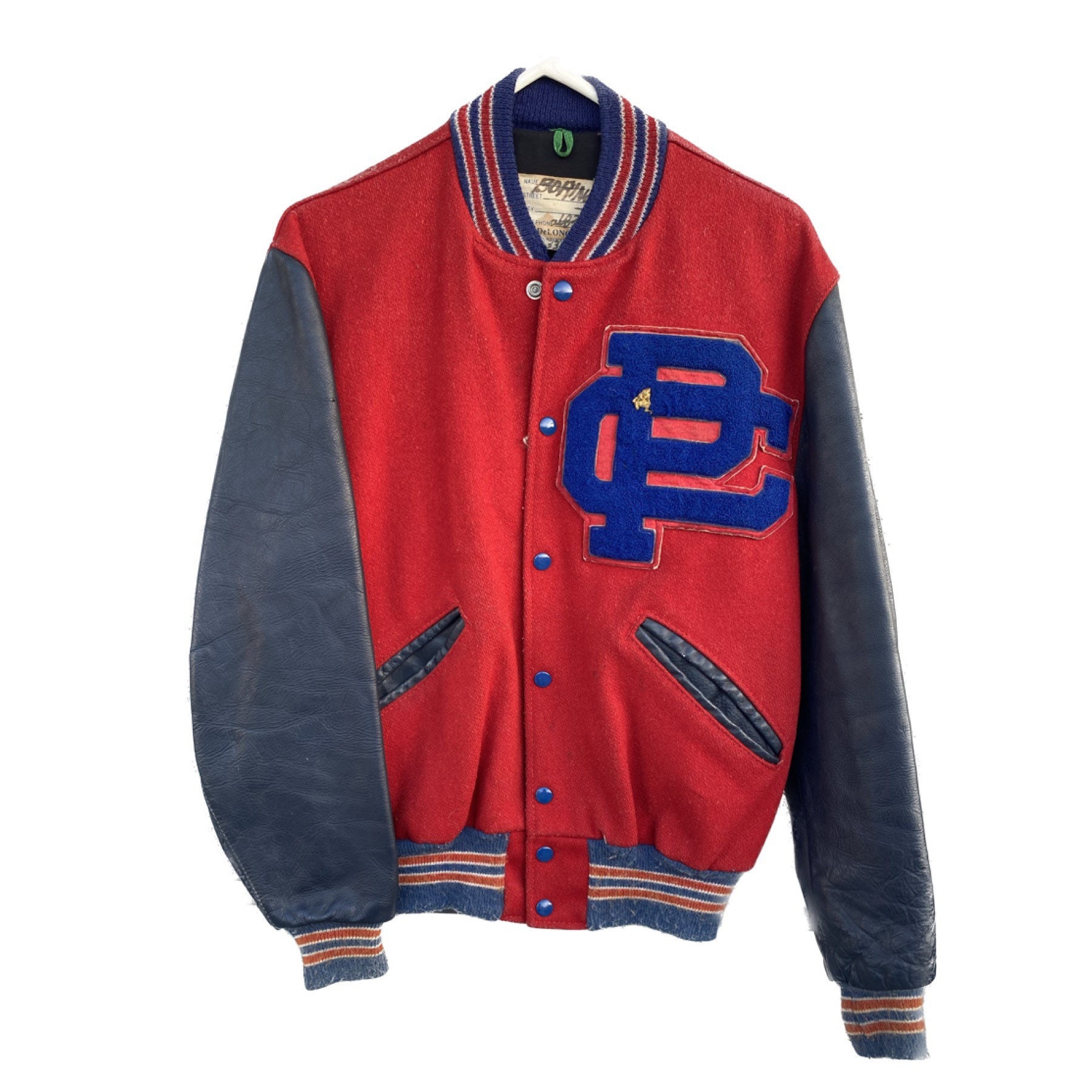 Vintage Delong Varsity Jacket Leather Trim Mens Large Wrestling Gold Pin Pockets Banded Stripes Snap Button Blue Detail on Red Velvet Metal Etsy Ireland