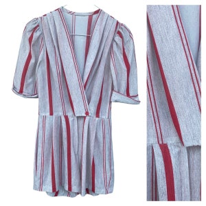 Vintage Romper Grey Red striped Womens XS wrap button closure zip up bottom pockets soft thin sheer factor so cute 3/4 sleeve v- neck