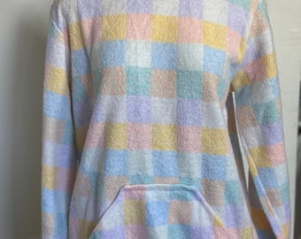 Vintage rainbow square pullover Sweater pastels kangaroo pick longsleeve 80’s Sabrina by Mervyns women’s medium USA slightly fuzzy furry