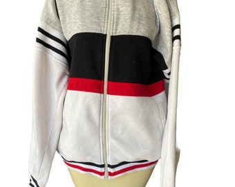 Vintage Pierre Cardin Fleece zip up sweater striped detail mock neck medium men’s women’s banded zipper charm pockets embroidered logo 80’s