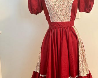 Vintage 70’s Prairie Dress floral burgundy red lace eyelet trim ruffled attached tie to cinch women’s medium puffed shoulder sleeve talon