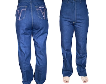 Jeans vintage de los años 70 con detalles franceses bordados para mujer, talla 32/33, bolsillos con rayas de arcoíris, estrellas y pancarta, cintura alta oscura, suaves, no rígidos, vintage