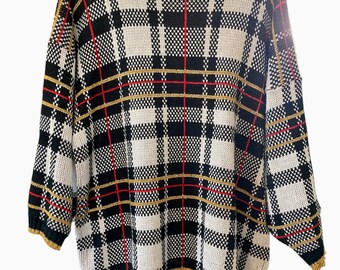 Vintage Plaid Knit Sweater Oversized Womens Medium acrylic black red white metallic gold contrasting pattern soft by Midnight Blues