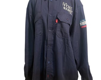 Flame Resistant long sleeve button up with custom Flux Gang logo double pockets all sizes dark blue adjustable button cuff long tail welding