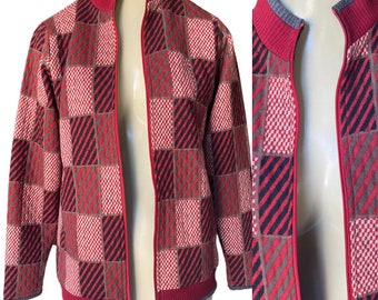 Vintage Patchwork Checkered red zip up jacket textured soft by Jin Young velvet like size large mock neck banded long sleeve knit like new