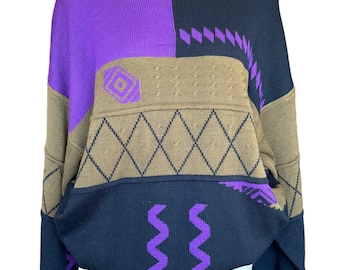 Vintage Ossi Skiwear knitted Sweater bright colors pullover large wool acrylic soft fur textured purple brown mock neck women’s oversized