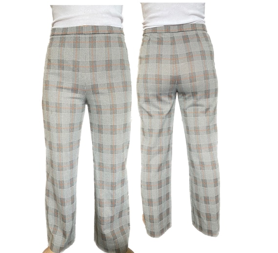 houndstooth cigarette trousers Vtg High Waisted Houndstooth Pants Grey Orange Plaid Vintage Mens Womens 33 Trouser  Cigarette Pants Sale Festival Hippie Business Casual
