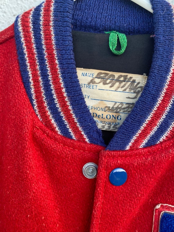 Vintage Delong Varsity Jacket Leather Trim Mens Large Wrestling Gold Pin Pockets Banded Stripes Snap Button Blue Detail on Red Velvet Metal Etsy Ireland