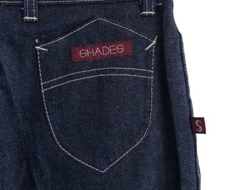 Vtg Shades Jeans, Women 15/16, cotton, high waisted, indigo blue, flare bottom, pocket tag detail, western wear, sale festival embroidered