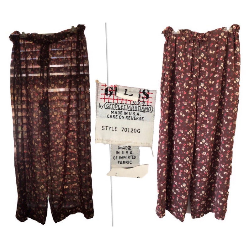 Vtg Georges Marciano Guess Floral paper bag Pants high waisted tie waist Womens Vintage Large polyester flowers sheer cover up festival
