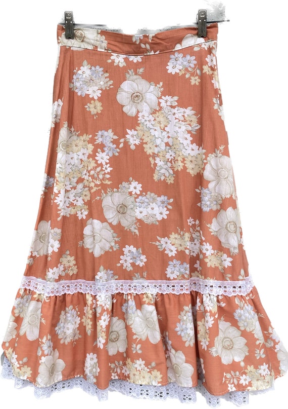 Vintage Pink Floral Skirt High Waisted Prairie Ruffle Tiers White