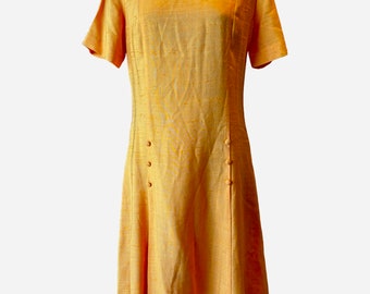 70’s Miss Donna Dress Mustard yellow sailor front buttons bright orange textured Nelly Don pleats talon zipper perfect medium large fit