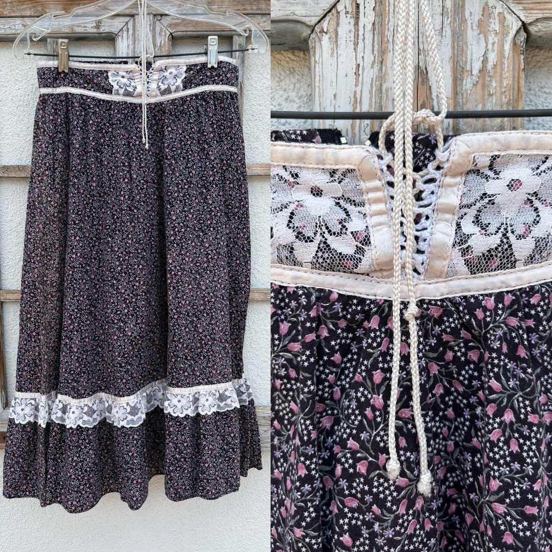 Vintage 70s Gunne Sax Skirt Gunnies Floral Lace Pull String - Etsy