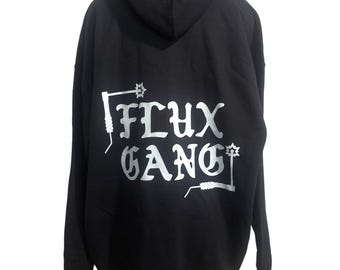 Flux Gang Black Hoodie Sweater pullover with drawstrings. Available in all sizes for pre order small medium large XL XXL pouch soft custom