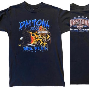 Vintage 2001 Harley Davidson Eagle-shirt Daytona Flames Beach T-shirt met korte mouw zwart medium katoen zacht dun fietsweek vervaagd fluweel metaal