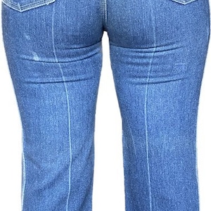 Vtg 70s Graffiti Jeans Embroidered pocket Womens High Waisted deep blue classic fit with flare back patch worn in Sz 33 western sale cotton