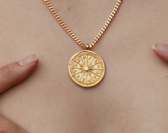 Zodiac Wheel Necklace: Gold or Silver Astrology Coin Pendant