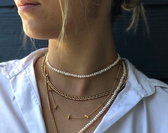 Collier ras du cou avec perles d'eau douce, plaqué or 24 carats