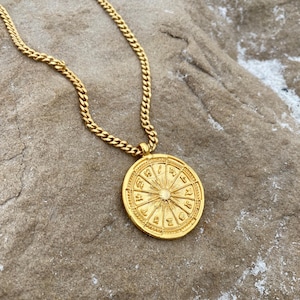 Zodiac Wheel Coin Necklace, Zodiac Sign Necklace, Astrology Jewelry Gift, Coin Pendant Necklace, Zodiac Talisman Amulet, 12 Zodiac Signs
