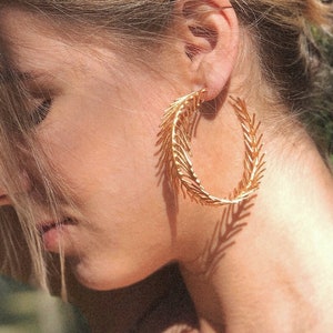 Gold Palm Hoop Earrings Statement Hoops Gold Earrings Large Hoop Earrings Chunky Hoop Palm Earrings image 1