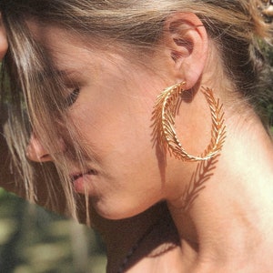 Gold Palm Hoop Earrings Statement Hoops Gold Earrings Large Hoop Earrings Chunky Hoop Palm Earrings image 1