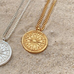 Zodiac Wheel Coin Necklace, Zodiac Sign Necklace, Astrology Jewelry Gift, Coin Pendant Necklace, Zodiac Talisman Amulet, 12 Zodiac Signs