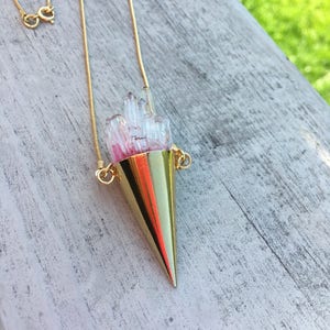 Crystal Quartz Necklace, Long Gold Layering Necklace with Druzy Gemstone, Gemstone necklace, Quartz Crystal Layering necklace