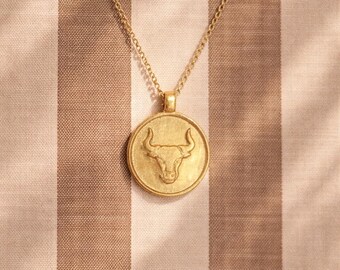 Taurus Zodiac Coin Necklace: 24K Gold-Plated Astrology Gift