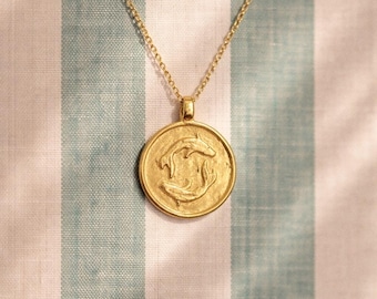 Piscis Zodiac Coin Necklace: Engraved Astrology Sign, Gold or Silver Plated,