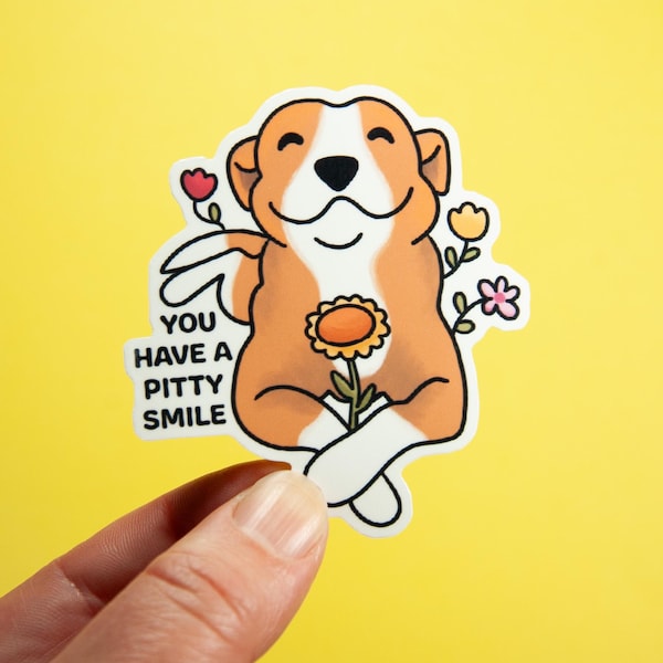 Pitty Smile Sticker: Pit Bull Terrier with Flowers, Glossy Vinyl Decal