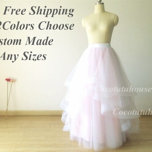 Double Horse Hair Trims Ombre color White/ Light Pink Hi Low Maxi 5layers Tulle Skirt/Wedding Underskirt/Bridesmaid/Bachelorette TuTu Prom