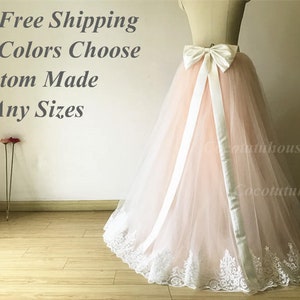 Ombre color white/blush pink Tulle Skirt With White French Lace Trim and A Bow with long Tail/Floor Length/Adult Women Skirt//Wedding Dress