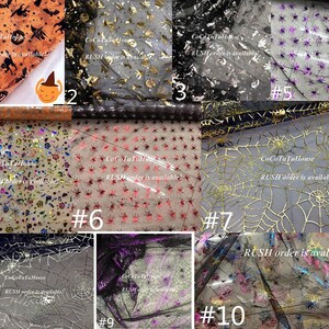 Pu&ograve; includere: Dieci tipi diversi di tessuto a rete nera trasparente con vari motivi a tema Halloween, tra cui stelle, ragni e ragnatele. Il tessuto &egrave; disponibile nei colori oro, argento, rosso, viola e arancione. Il testo "RUSH order is available!" &egrave; stampato su ogni campione di tessuto.