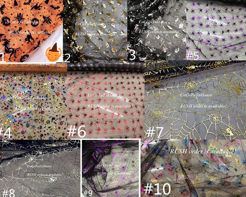 Pu&ograve; includere: Dieci tipi diversi di tessuto a rete nera trasparente con vari motivi a tema Halloween, tra cui stelle, ragni e ragnatele. Il tessuto &egrave; disponibile nei colori oro, argento, rosso, viola e arancione. Il testo "RUSH order is available!" &egrave; stampato su ogni campione di tessuto.