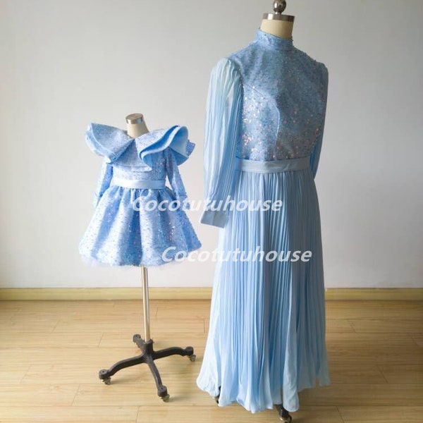 Mommy&Me Blue Pearl/Beaded Dress/Pearl/Ruched Chiffon Dress/Custom Dress/Flower Girl Dress/Wedding/Birthday/Baptism/Princess/pageant Dress