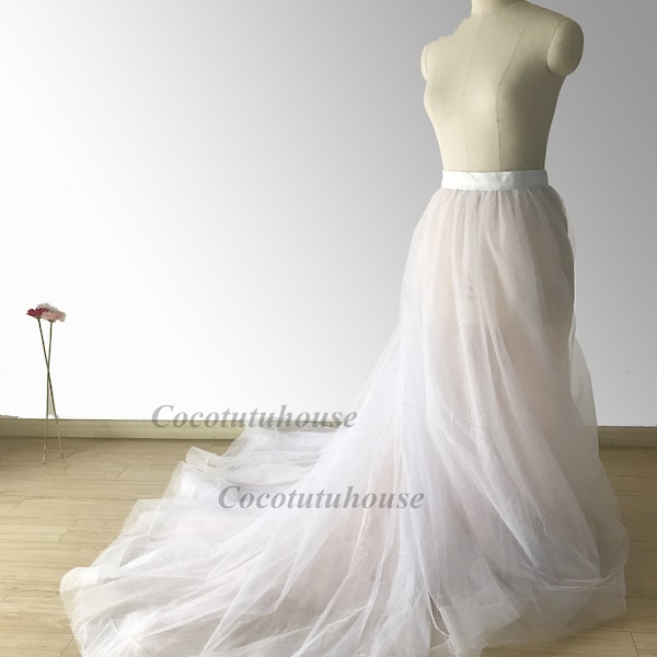 Sparkly Tulle Wedding Overskirt: Off White Blush, Wide Horsehair Trim