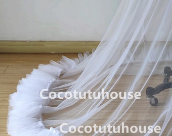 White Ruffles Overskirt/Veil/Ruffle with the edge of and overskirt by soft tulle/ a trend of 2023/Maxi length overskirt