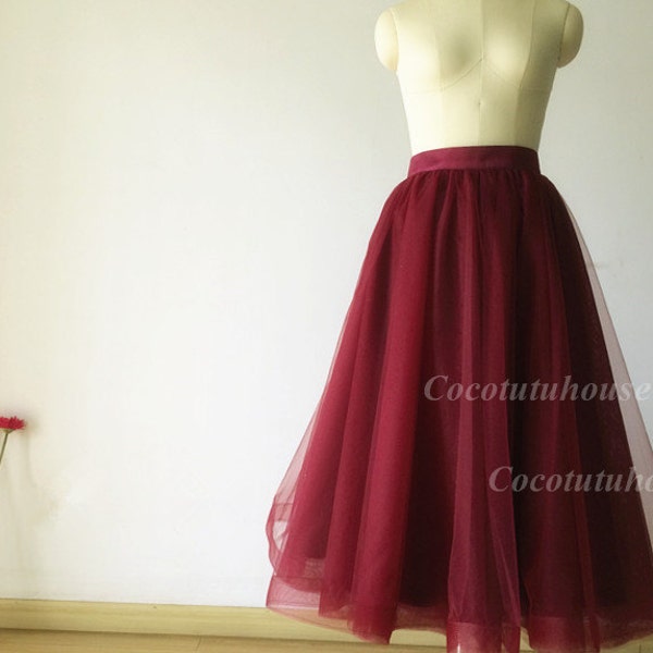 Halloween Costume Woman/Red Wine/Burgundy Maxi Tulle Skirt /Woman Horsehair Tulle Skirt Long Skirt/Wedding/Bridesmaid/Valentine’s Day Gift