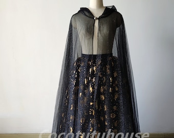 Gonna con teschio ragnatela strega zucca dorata di Halloween/Cosplay/Costume di Halloween/Decorazione di Halloween/Mantello gotico/Sovrapposizione/Gonna in tulle da pavimento