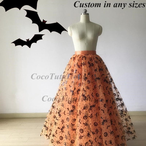 Falda de calavera de telaraña de bruja de calabaza naranja de Halloween /Cosplay/Disfraz de Halloween/Decoración de Halloween/Capa/Superposición/Falda de tul hasta el suelo