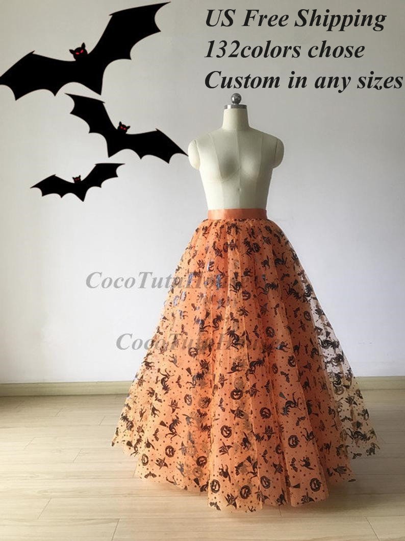 Halloween Orange Pumpkin Witch Spider Web Skull Skirt /Cosplay/Halloween Costume/Halloween Decoration/Cape/Overlap/Floor Length Tulle Skirt