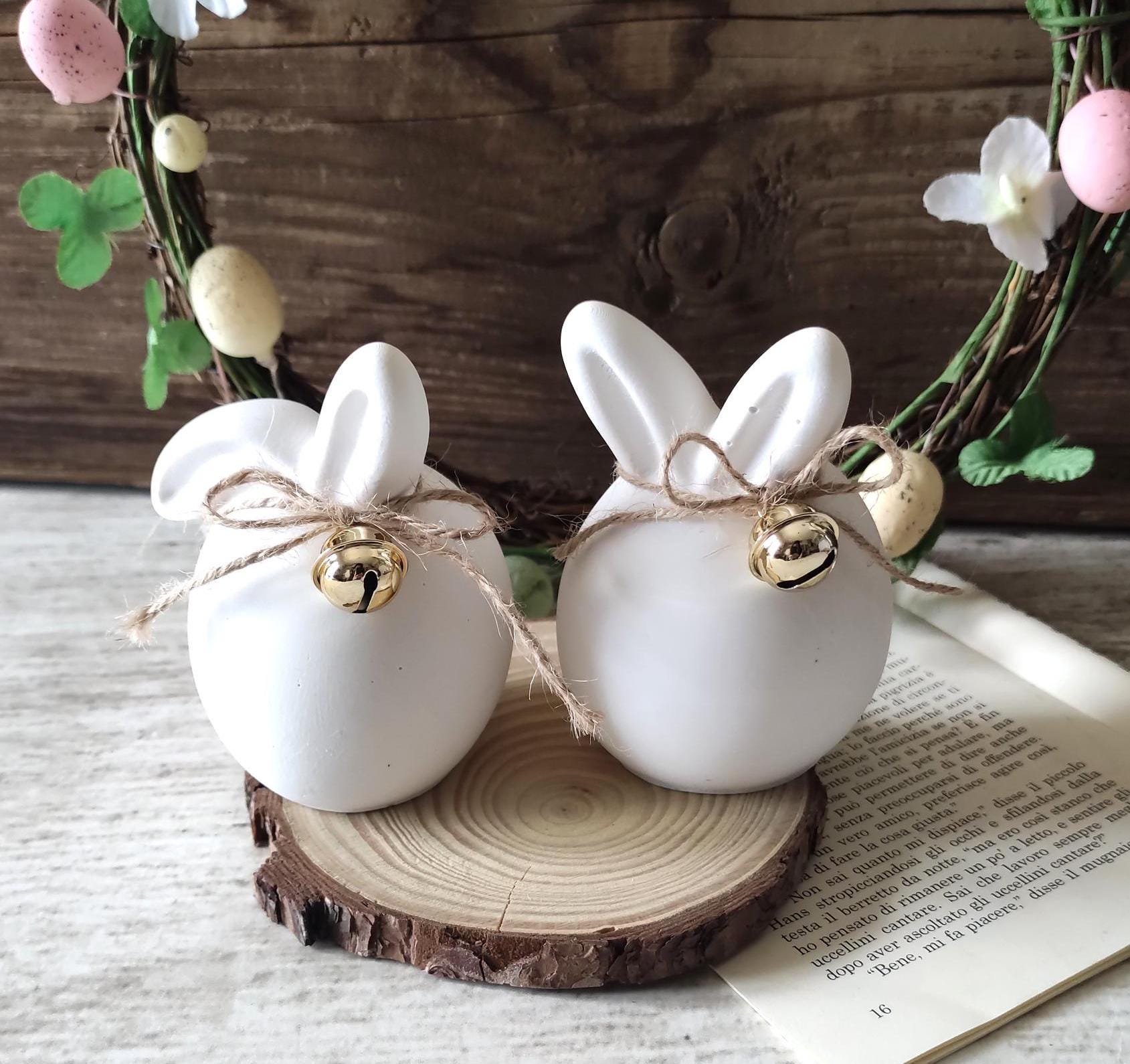 Set 2 Coniglietti Pasquali In Porcellana Con Uovo Oro/Argento - Decorazione Elegante - Foto 2