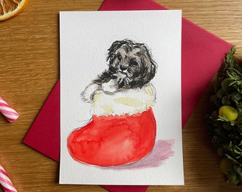 Carte de Noël originale à imprimer soi-même A6 Bichon Havanais aquarelliste