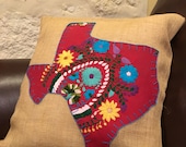 Burgundy Mexican dress Texas with blue trim on 18 quot x 18 quot burlap pillow cover - ready to ship