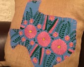 Sky blue Mexican dress Texas with pink trim on 18 quot x 18 quot burlap pillow cover - ready to ship