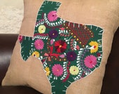 Green Mexican dress Texas with white trim 18 quot x 18 quot bulap pillow cover - ready to ship
